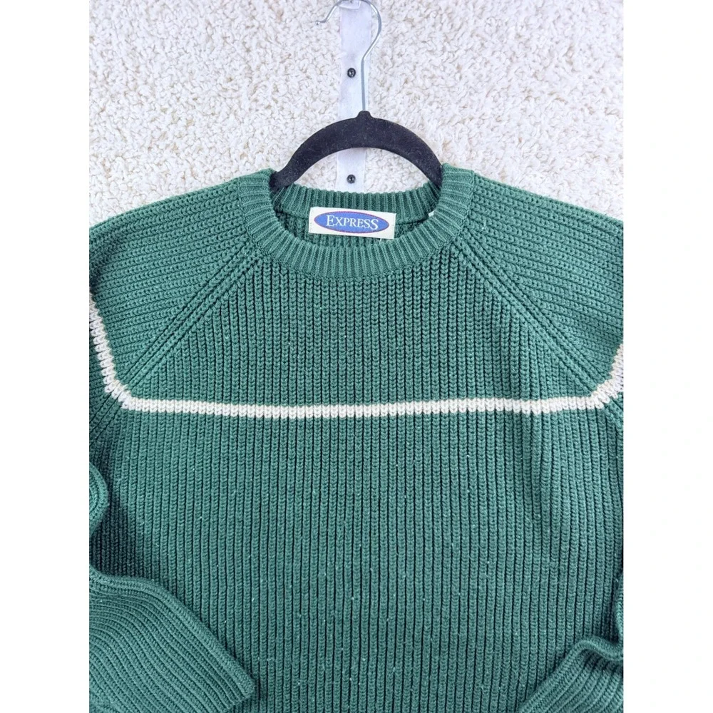 Vintage Express Sweater Women XL Green Ribbed Knit Crewneck Raglan Stripe - Picture 3 of 7